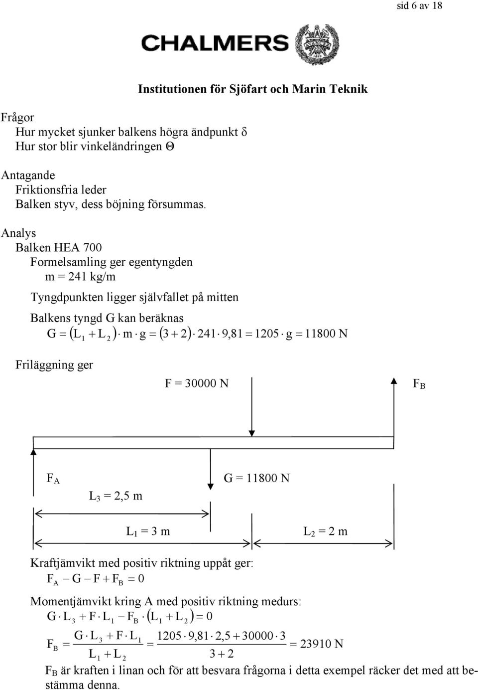 Friläggning ger F 0000 N F B F A L,5 G 800 N L L Kraftjävikt ed positiv riktning uppåt ger: F G F+ F 0 A B Moentjävikt kring A ed positiv riktning edurs: G L