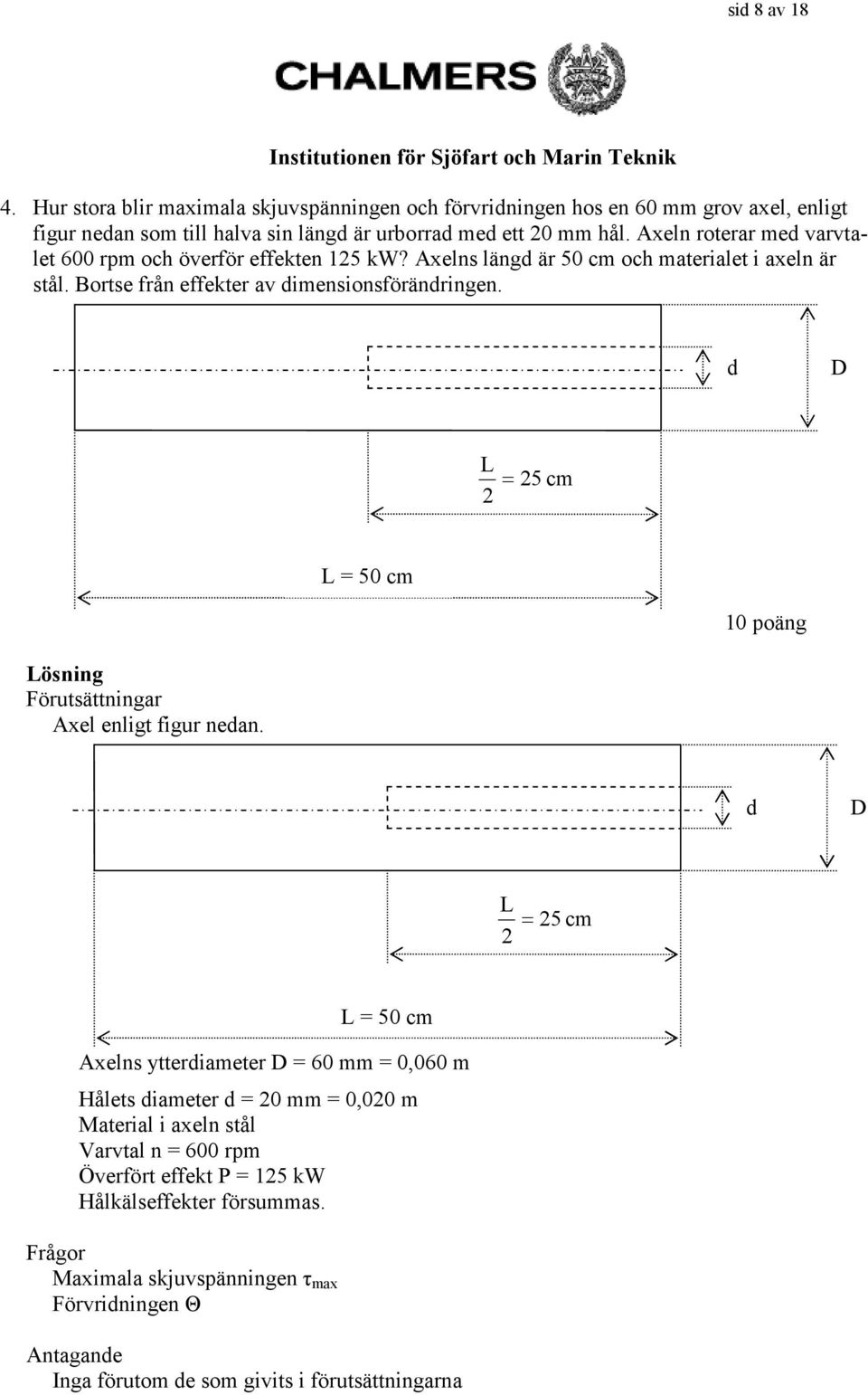 d D L 5 c L 50 c 0 poäng Lösning Förutsättningar Axel enligt figur nedan.