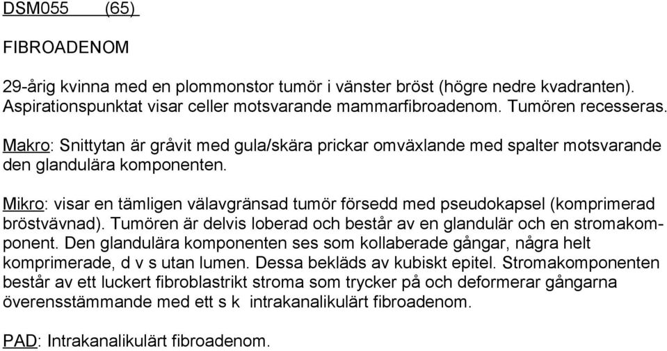 Mikro: visar en tämligen välavgränsad tumör försedd med pseudokapsel (komprimerad bröstvävnad). Tumören är delvis loberad och består av en glandulär och en stromakomponent.