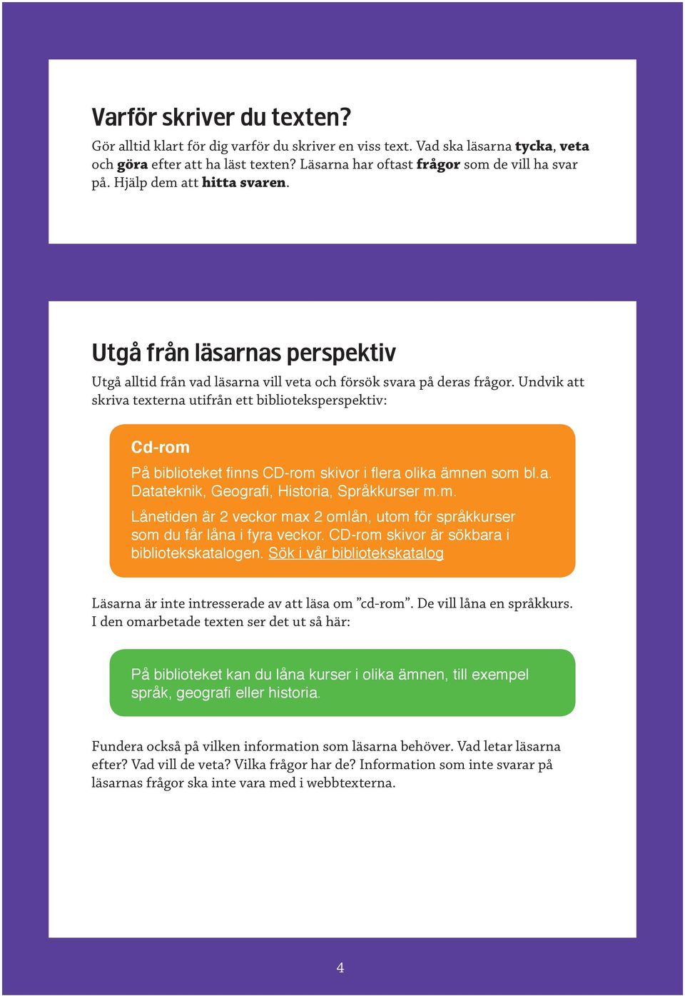 Undvik att skriva texterna utifrån ett biblioteksperspektiv: Cd-rom På biblioteket finns CD-rom skivor i flera olika ämnen som bl.a. Datateknik, Geografi, Historia, Språkkurser m.m. Lånetiden är 2 veckor max 2 omlån, utom för språkkurser som du får låna i fyra veckor.