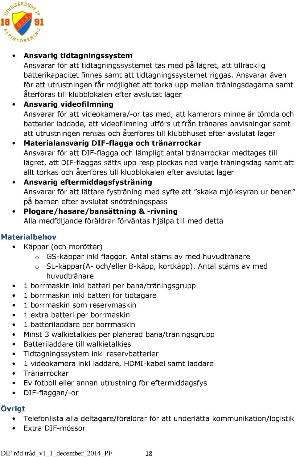 med, att kamerors minne är tömda och batterier laddade, att videofilmning utförs utifrån tränares anvisningar samt att utrustningen rensas och återföres till klubbhuset efter avslutat läger