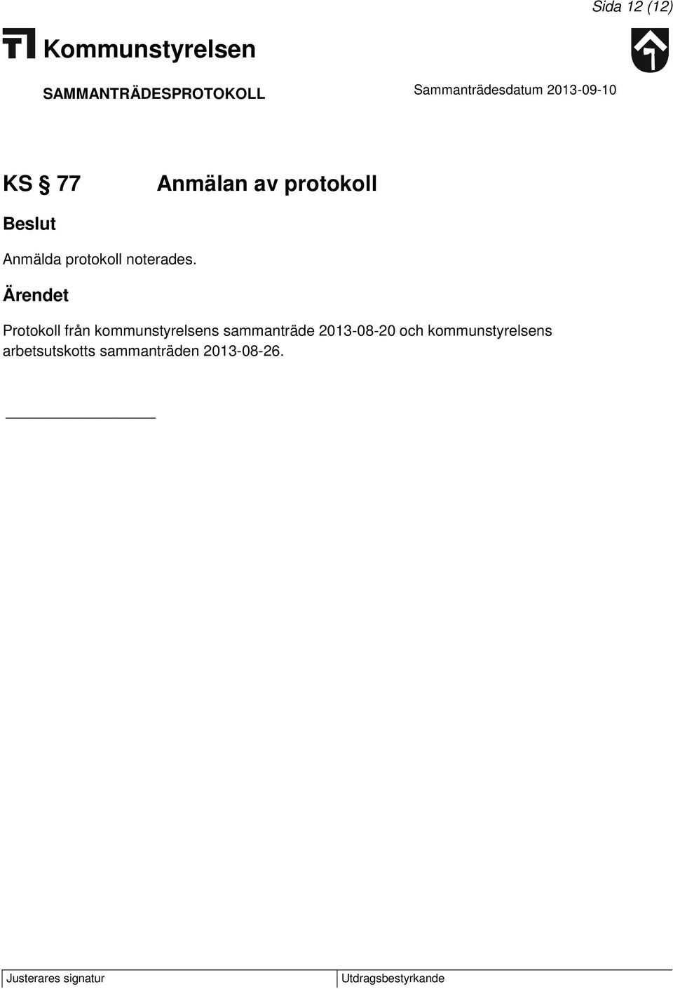 Protokoll från kommunstyrelsens sammanträde