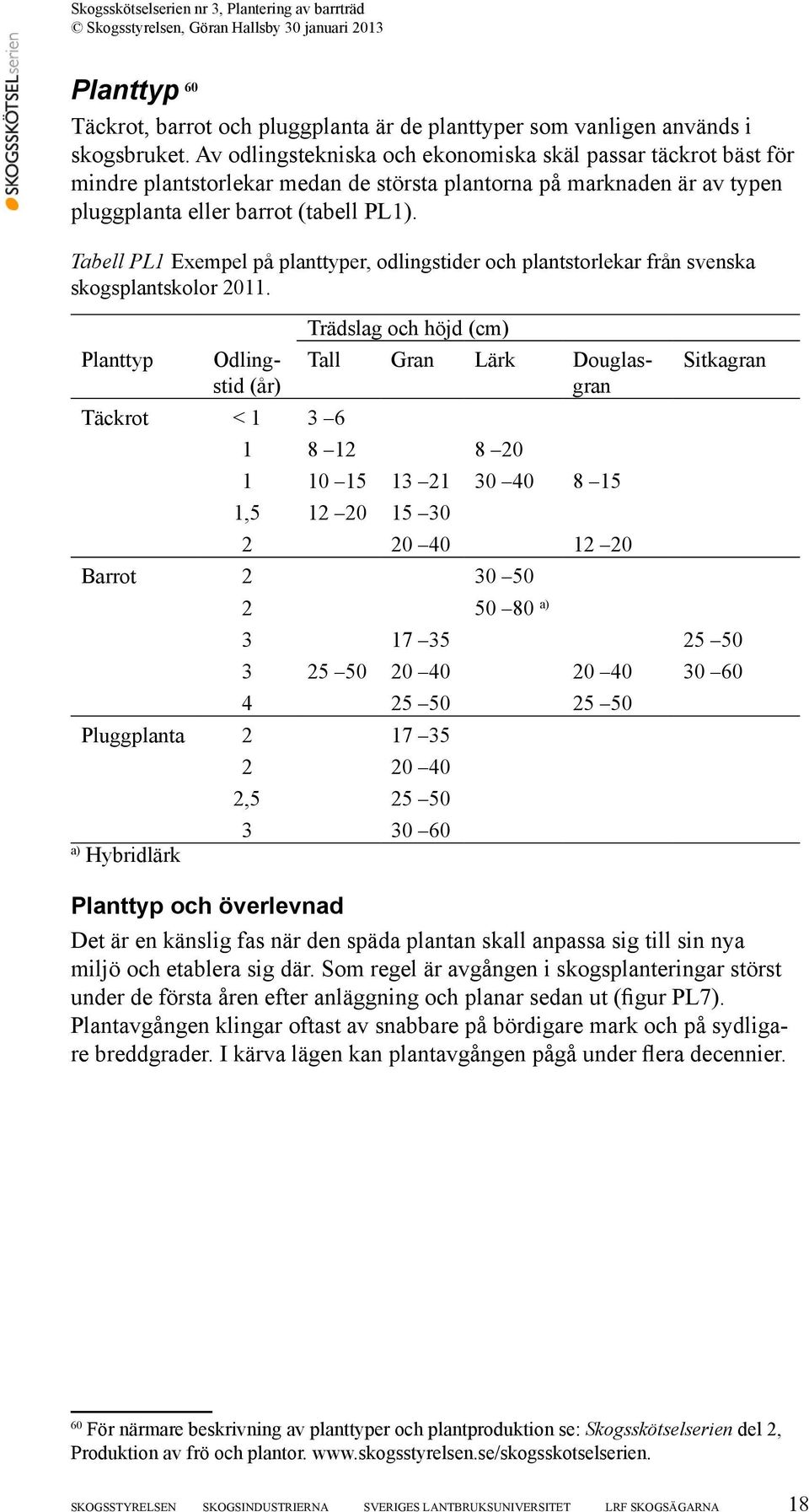 Tabell PL1 Exempel på planttyper, odlingstider och plantstorlekar från svenska skogsplantskolor 2011.
