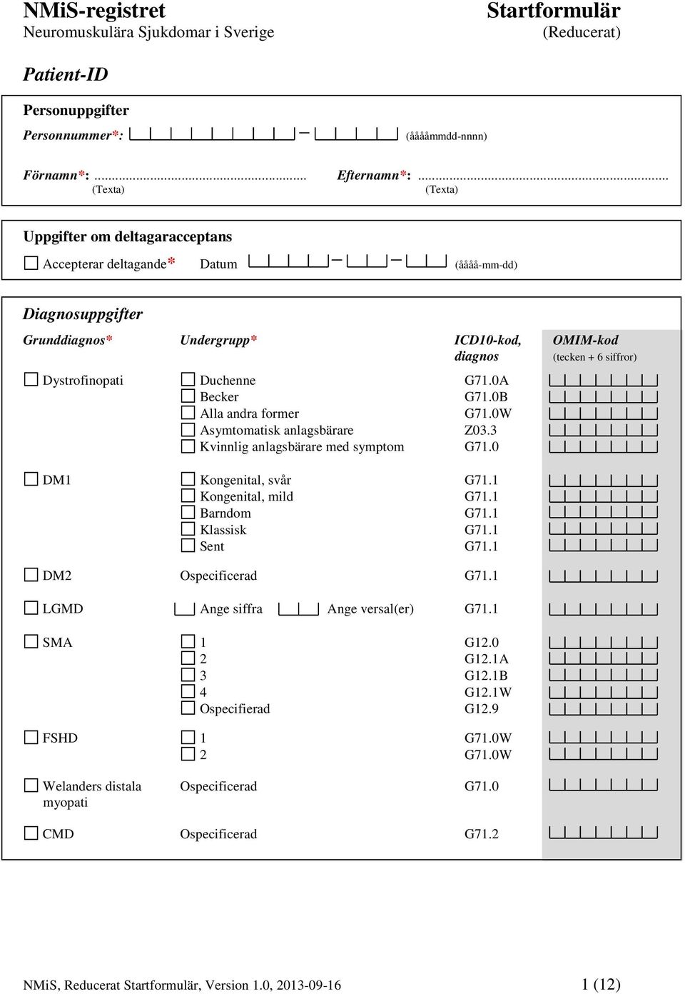 Duchenne G71.0A Becker G71.0B Alla andra former G71.0W Asymtomatisk anlagsbärare Z03.3 Kvinnlig anlagsbärare med symptom G71.0 DM1 Kongenital, svår G71.1 Kongenital, mild G71.1 Barndom G71.