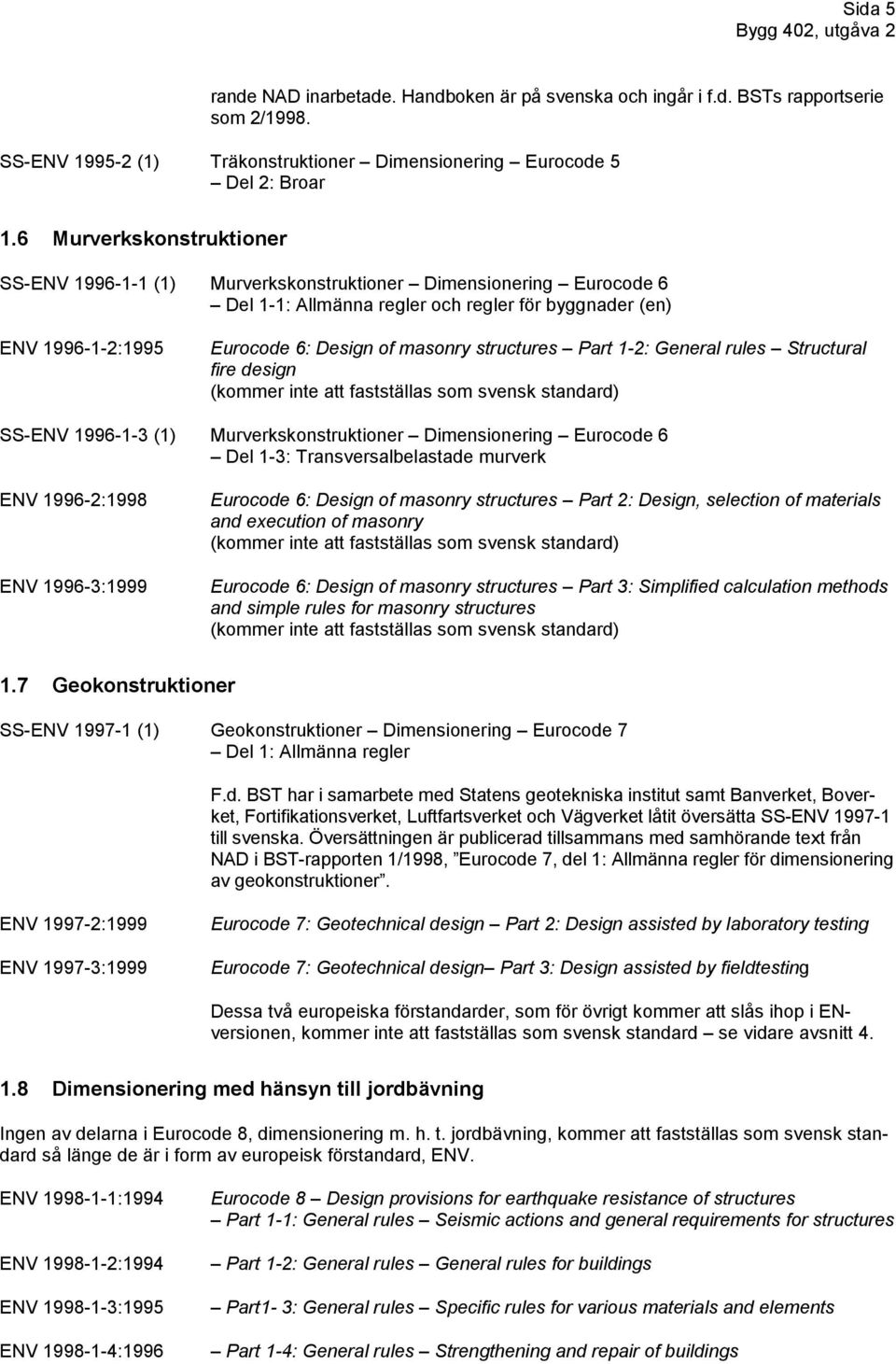 structures Part 1-2: General rules Structural fire design SS-ENV 1996-1-3 (1) Murverkskonstruktioner Dimensionering Eurocode 6 Del 1-3: Transversalbelastade murverk ENV 1996-2:1998 ENV 1996-3:1999