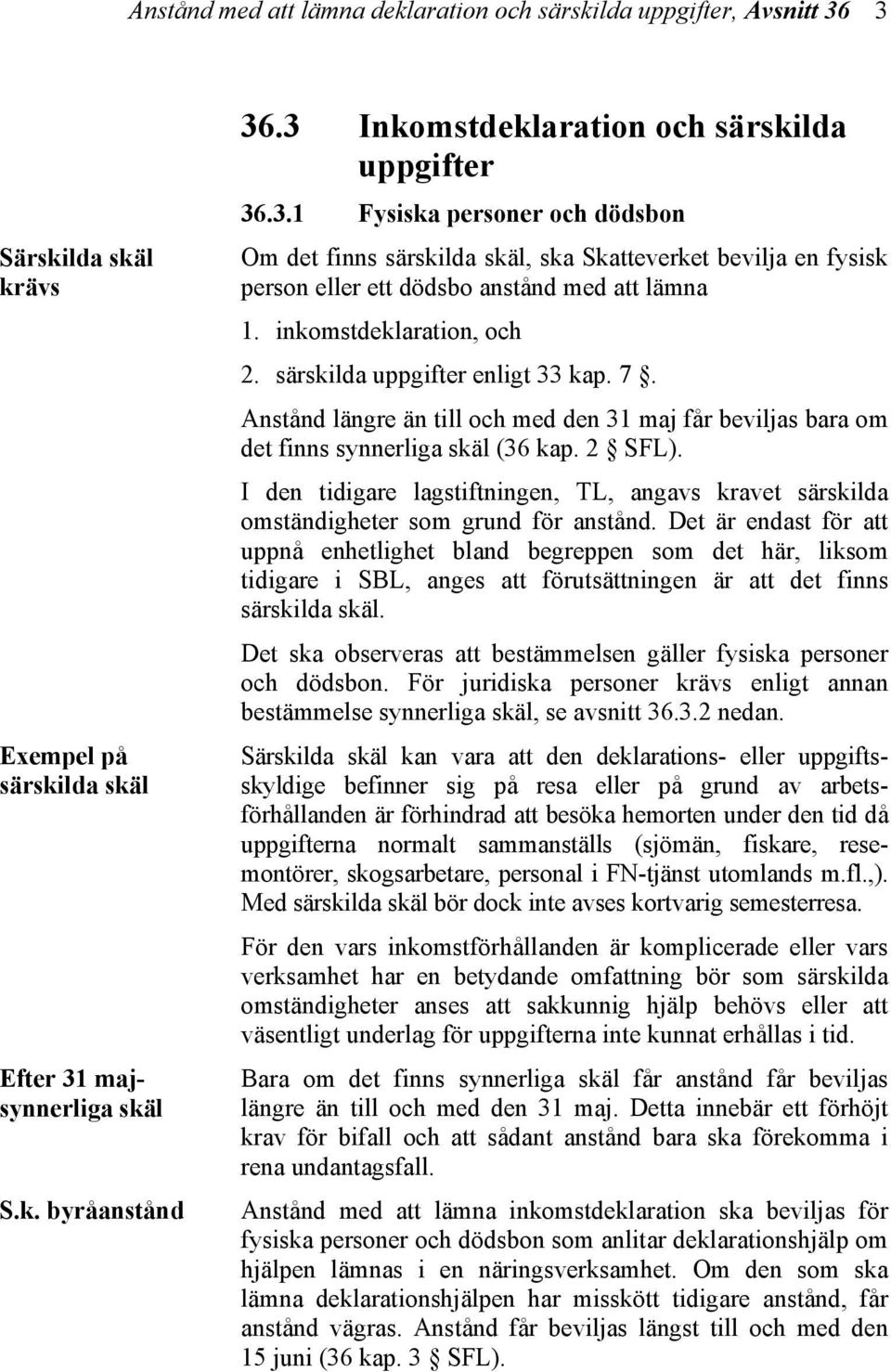 inkomstdeklaration, och 2. särskilda uppgifter enligt 33 kap. 7. Anstånd längre än till och med den 31 maj får beviljas bara om det finns synnerliga skäl (36 kap. 2 SFL).
