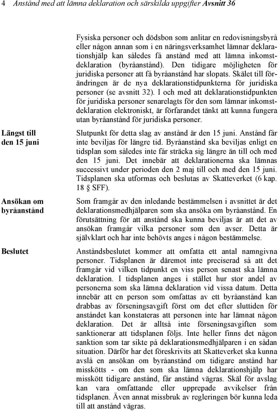 Den tidigare möjligheten för juridiska personer att få byråanstånd har slopats. Skälet till förändringen är de nya deklarationstidpunkterna för juridiska personer (se avsnitt 32).