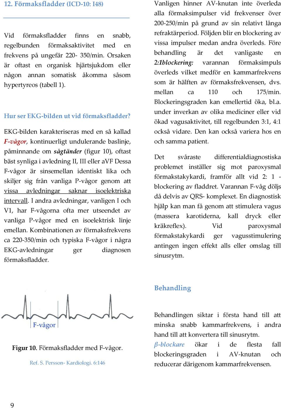 EKG-bilden karakteriseras med en så kallad F-vågor, kontinuerligt undulerande baslinje, påminnande om sågtänder (figur 10), oftast bäst synliga i avledning II, III eller avf Dessa F-vågor är