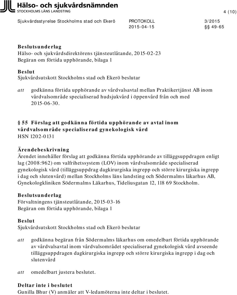 55 Förslag godkänna förtida upphörande av avtal inom vårdvalsområde specialiserad gynekologisk vård HSN 1202-0131 Ärendet innehåller förslag godkänna förtida upphörande av tilläggsuppdragen enligt