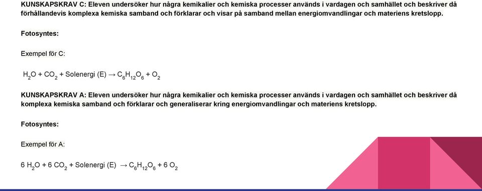 Fotosyntes: Exempel för C: H 2 O + CO 2 + Solenergi (E) C 6 H 12 O 6 + O 2 KUNSKAPSKRAV A: Eleven undersöker hur några kemikalier och kemiska processer används