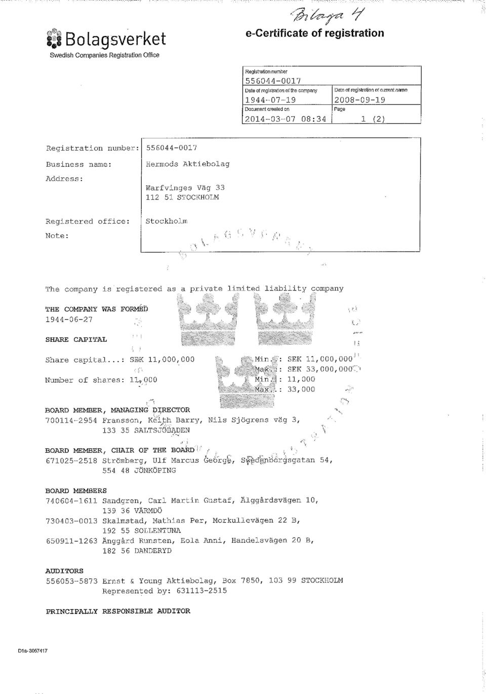 company is registered as a private limited liability company THE COMPANY WAS FORNE» 1944-06-27 SHARE CAPITAL Share capital.