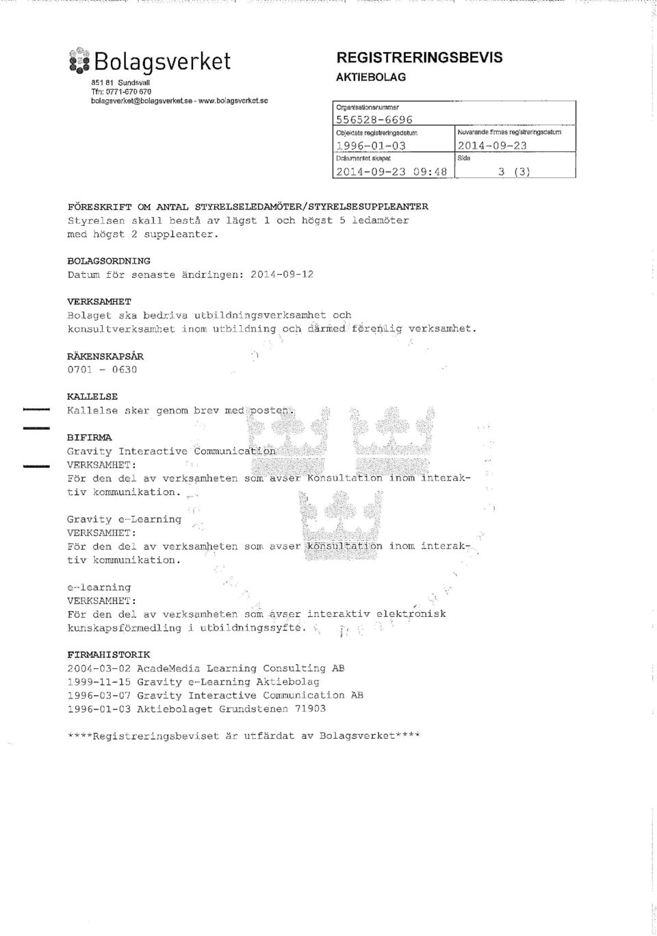 se REGISTRERINGSBEVIS AKTIEBOLAG organisationsnummer 556528-6696 Objektetsangsdatum 1996-01-03 Dokumentet skapat 2014-09-23 09:48 Nuvarandefirmasara 2014-09-23 Sida 3 (3) FÖRESKRIFT OM ANTAL