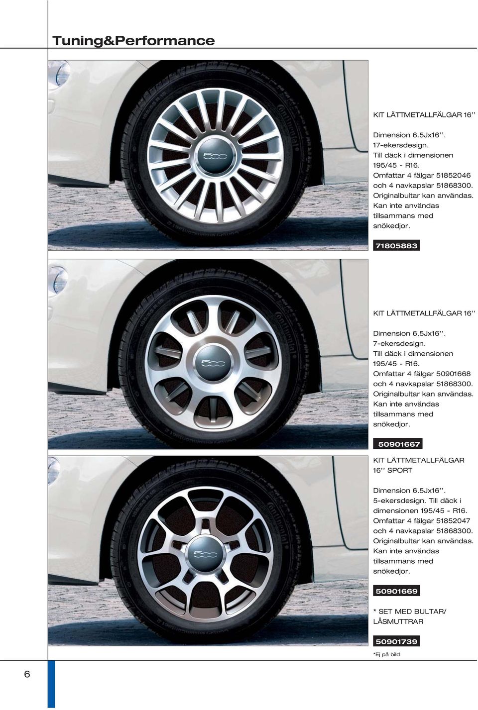 Omfattar 4 fälgar 50901668 och 4 navkapslar 51868300. Originalbultar kan användas. Kan inte användas tillsammans med snökedjor. 50901667 KIT LÄTTMETALLFÄLGAR 16 SPORT Dimension 6.5Jx16.