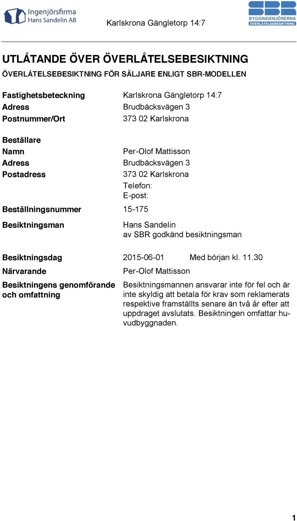 av SBR godkänd besiktningsman Besiktningsdag 2015-06-01 Med början kl. 11.