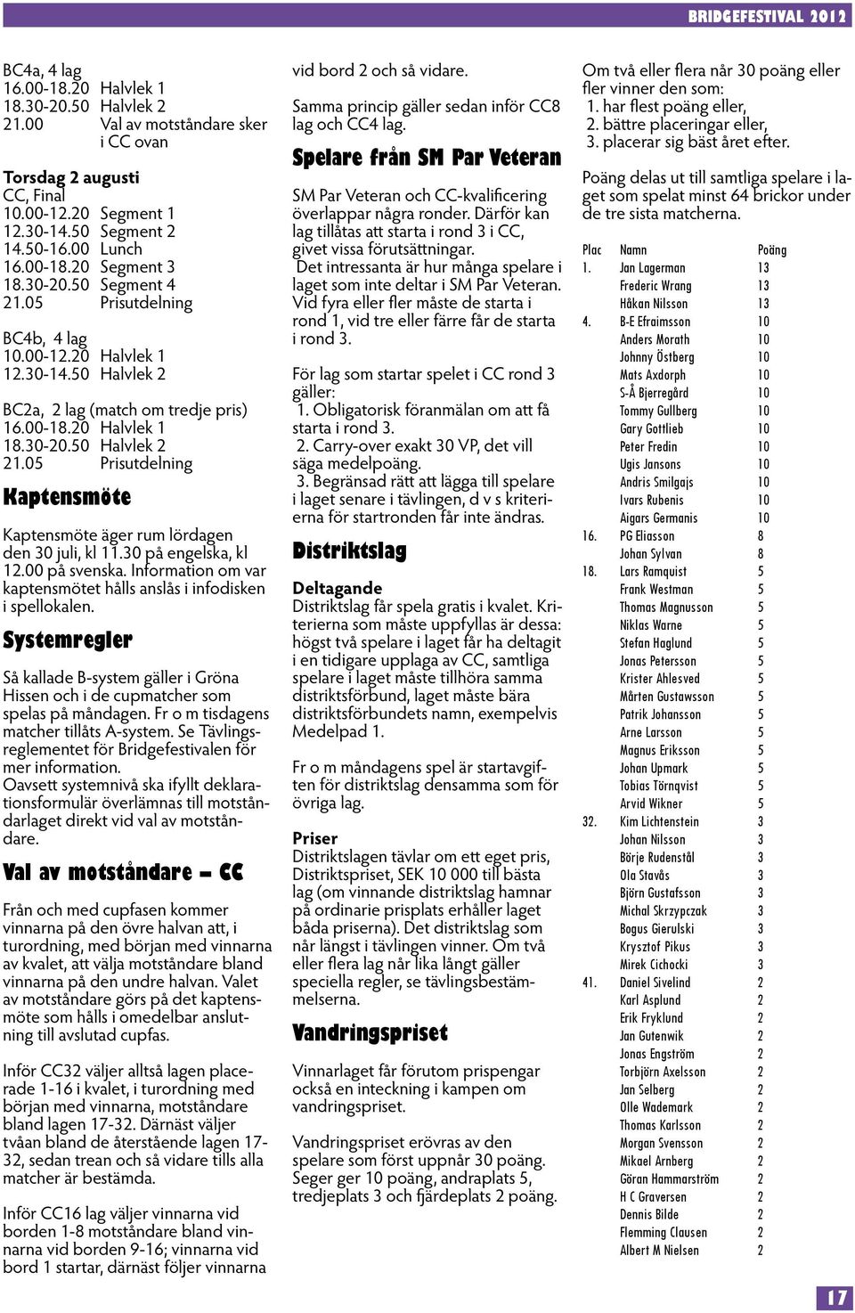 05 Prisutdelning Kaptensmöte Kaptensmöte äger rum lördagen den 30 juli, kl 11.30 på engelska, kl 12.00 på svenska. Information om var kaptensmötet hålls anslås i infodisken i spellokalen.