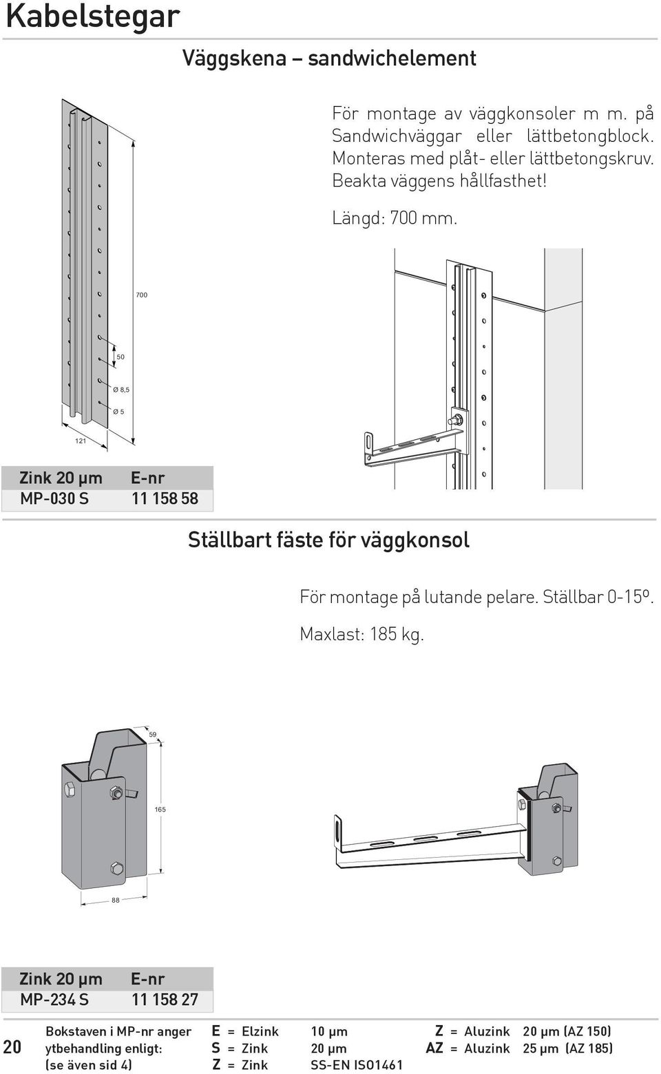 700 50 Ø 8,5 Ø 5 121 Zink 20 µm E-nr MP-030 S 11 158 58 Ställbart fäste för väggkonsol För montage på lutande pelare. Ställbar 0-15º.