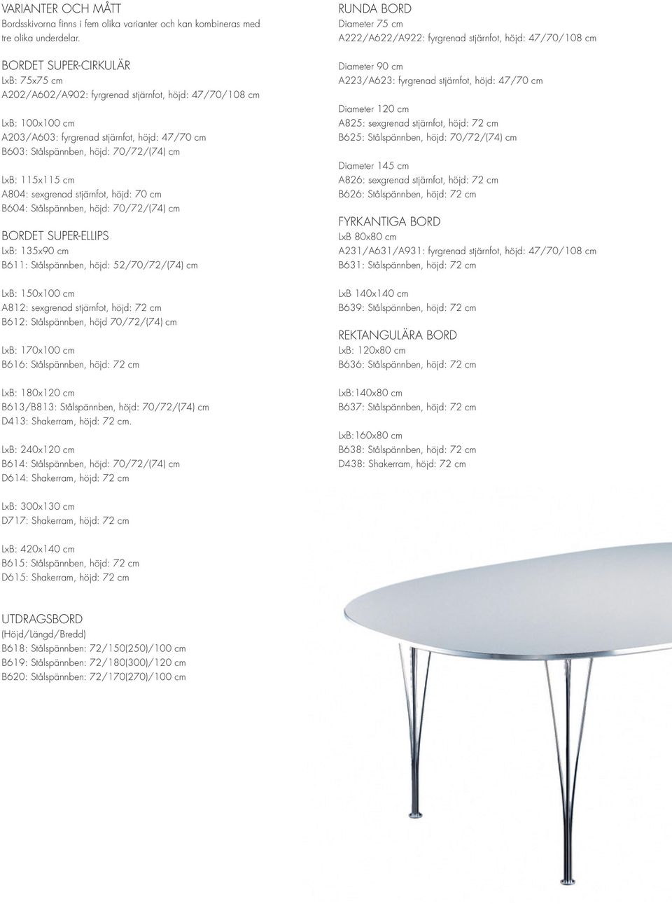 SUPER-ELLIPS LxB: 135x90 cm B611: Stålspännben, höjd: 52/70/72/(74) cm RUNDA BORD Diameter 75 cm A222/A622/A922: fyrgrenad stjärnfot, höjd: 47/70/108 cm Diameter 90 cm A223/A623: fyrgrenad stjärnfot,