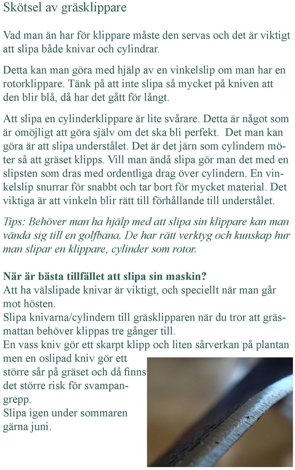 Detta är något som är omöjligt att göra själv om det ska bli perfekt. Det man kan göra är att slipa understålet. Det är det järn som cylindern möter så att gräset klipps.