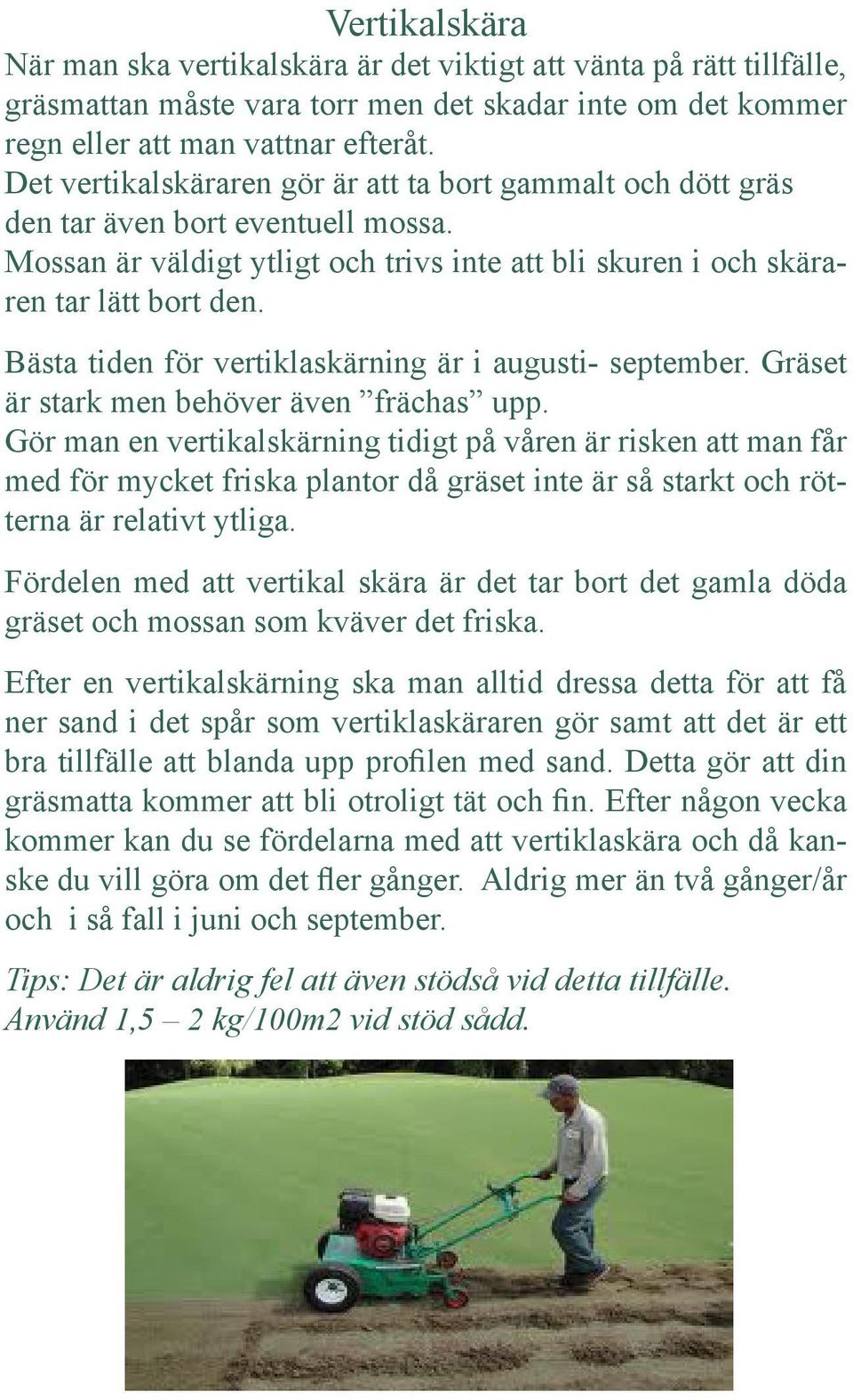 Bästa tiden för vertiklaskärning är i augusti- september. Gräset är stark men behöver även frächas upp.