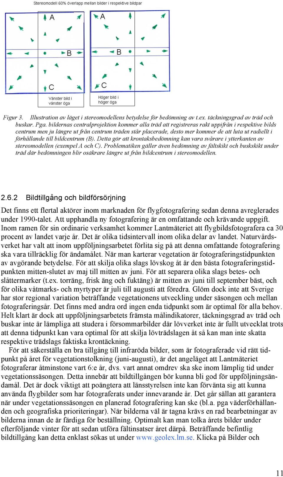 förhållande till bildcentrum (B). Detta gör att krontaksbedömning kan vara svårare i ytterkanten av stereomodellen (exempel A och C).