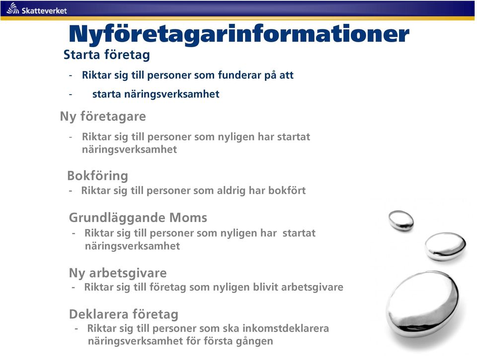 Grundläggande Moms - Riktar sig till personer som nyligen har startat näringsverksamhet Ny arbetsgivare - Riktar sig till företag