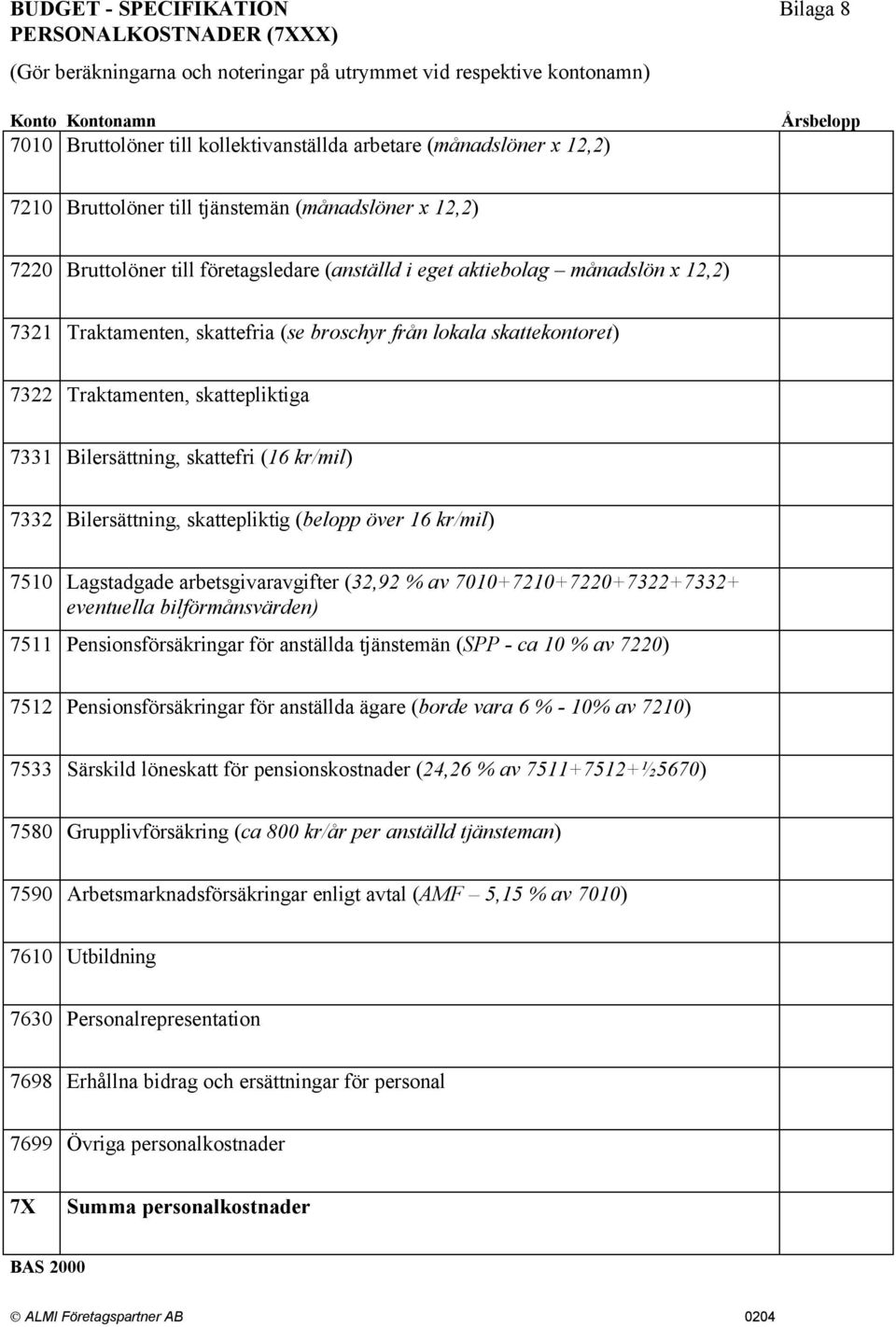 (se broschyr från lokala skattekontoret) 7322 Traktamenten, skattepliktiga 7331 Bilersättning, skattefri (16 kr/mil) 7332 Bilersättning, skattepliktig (belopp över 16 kr/mil) 7510 Lagstadgade
