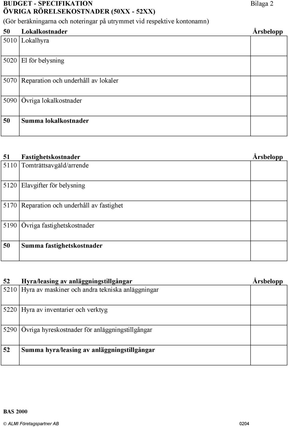 Tomträttsavgäld/arrende 5120 Elavgifter för belysning 5170 Reparation och underhåll av fastighet 5190 Övriga fastighetskostnader 50 Summa fastighetskostnader 52 Hyra/leasing av