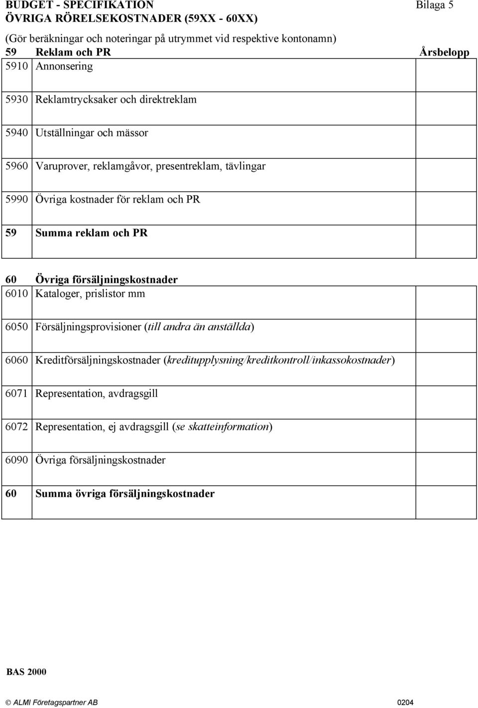 PR 60 Övriga försäljningskostnader 6010 Kataloger, prislistor mm 6050 Försäljningsprovisioner (till andra än anställda) 6060 Kreditförsäljningskostnader