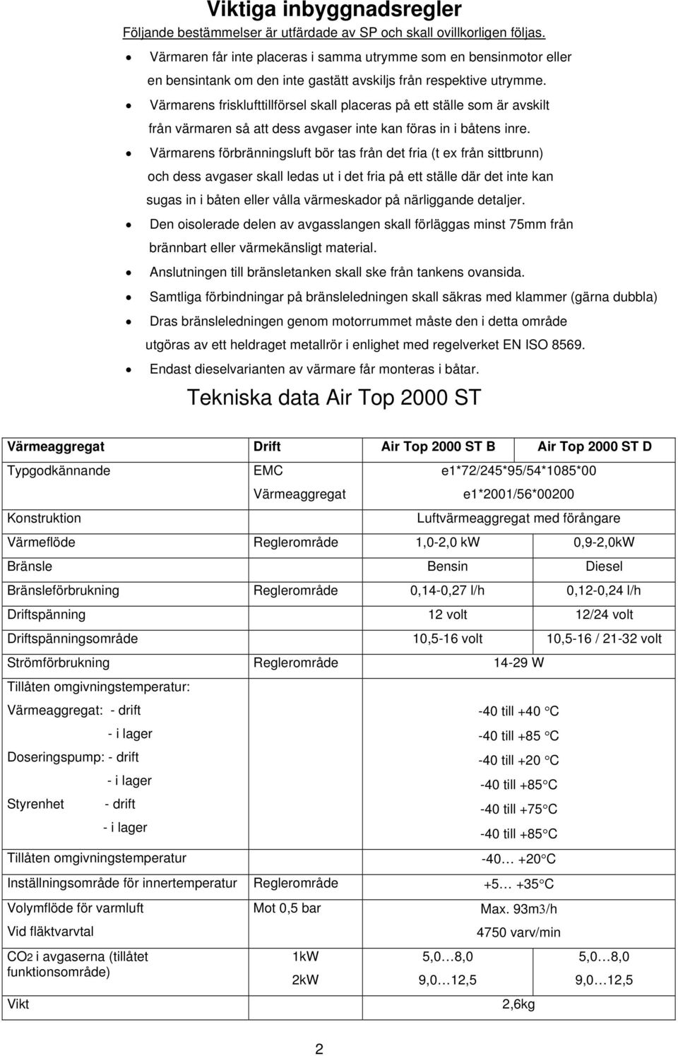 Värmarens frisklufttillförsel skall placeras på ett ställe som är avskilt från värmaren så att dess avgaser inte kan föras in i båtens inre.