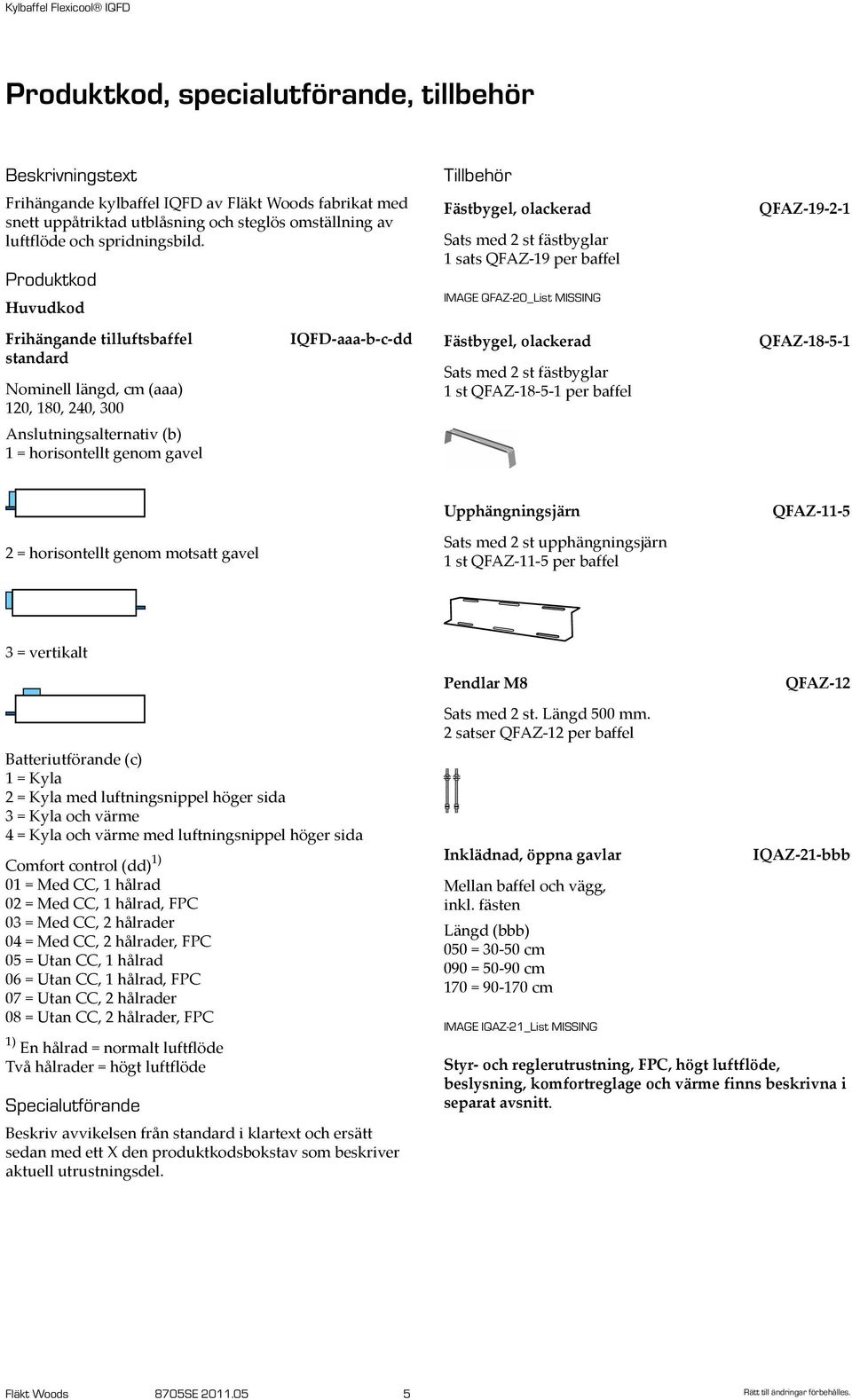 (aaa) 120, 180, 240, 300 IQFD-aaa-b-c-dd Fästbygel, olackerad Sats med 2 st fästbyglar 1 st QFAZ-18-5-1 per baffel QFAZ-18-5-1 Anslutningsalternativ (b) 1 = horisontellt genom gavel Upphängningsjärn