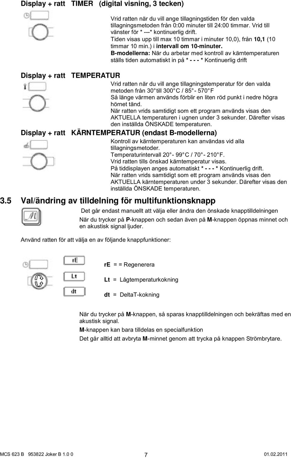 B-modellerna: När du arbetar med kontroll av kärntemperaturen ställs tiden automatiskt in på * - - - * Kontinuerlig drift Display + ratt TEMPERATUR Vrid ratten när du vill ange tillagningstemperatur