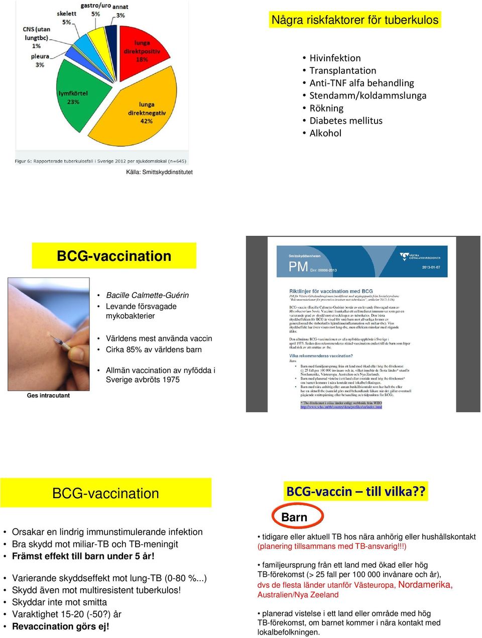 en lindrig immunstimulerande infektion Bra skydd mot miliar-tb och TB-meningit Främst effekt till barn under 5 år! Varierande skyddseffekt mot lung-tb (0-80 %.