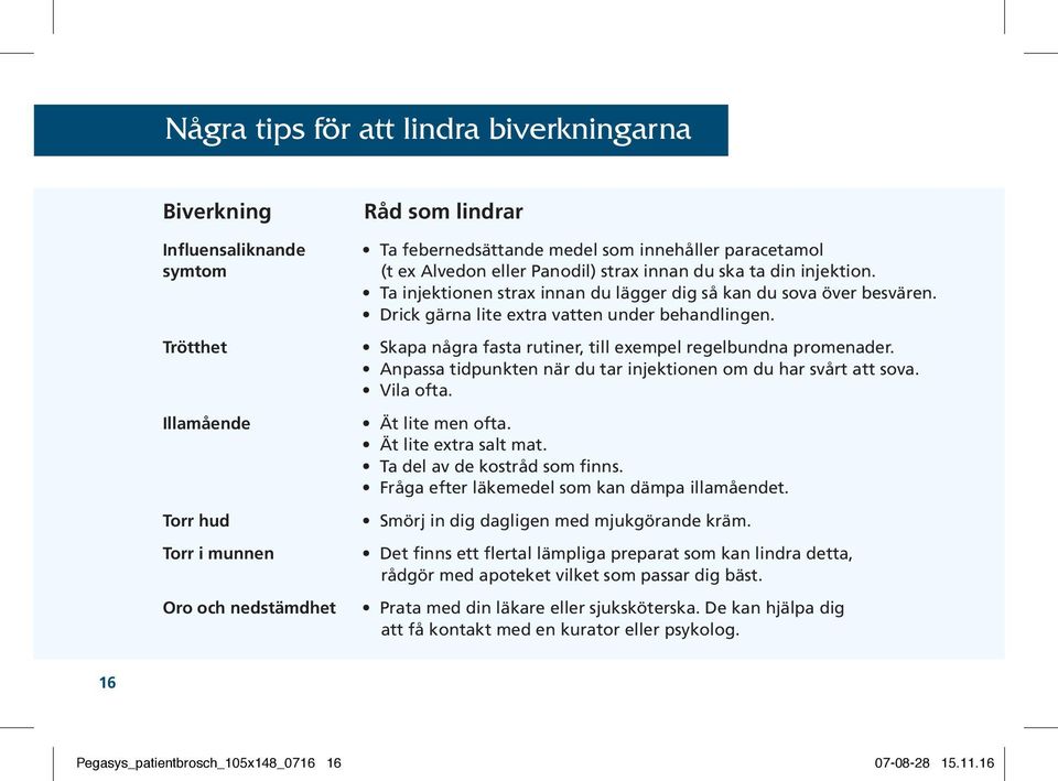 Skapa några fasta rutiner, till exempel regelbundna promenader. Anpassa tidpunkten när du tar injektionen om du har svårt att sova. Vila ofta. Ät lite men ofta. Ät lite extra salt mat.