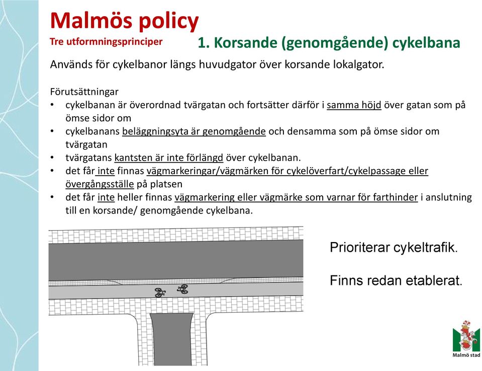 som på ömse sidor om tvärgatan tvärgatans kantsten är inte förlängd över cykelbanan.