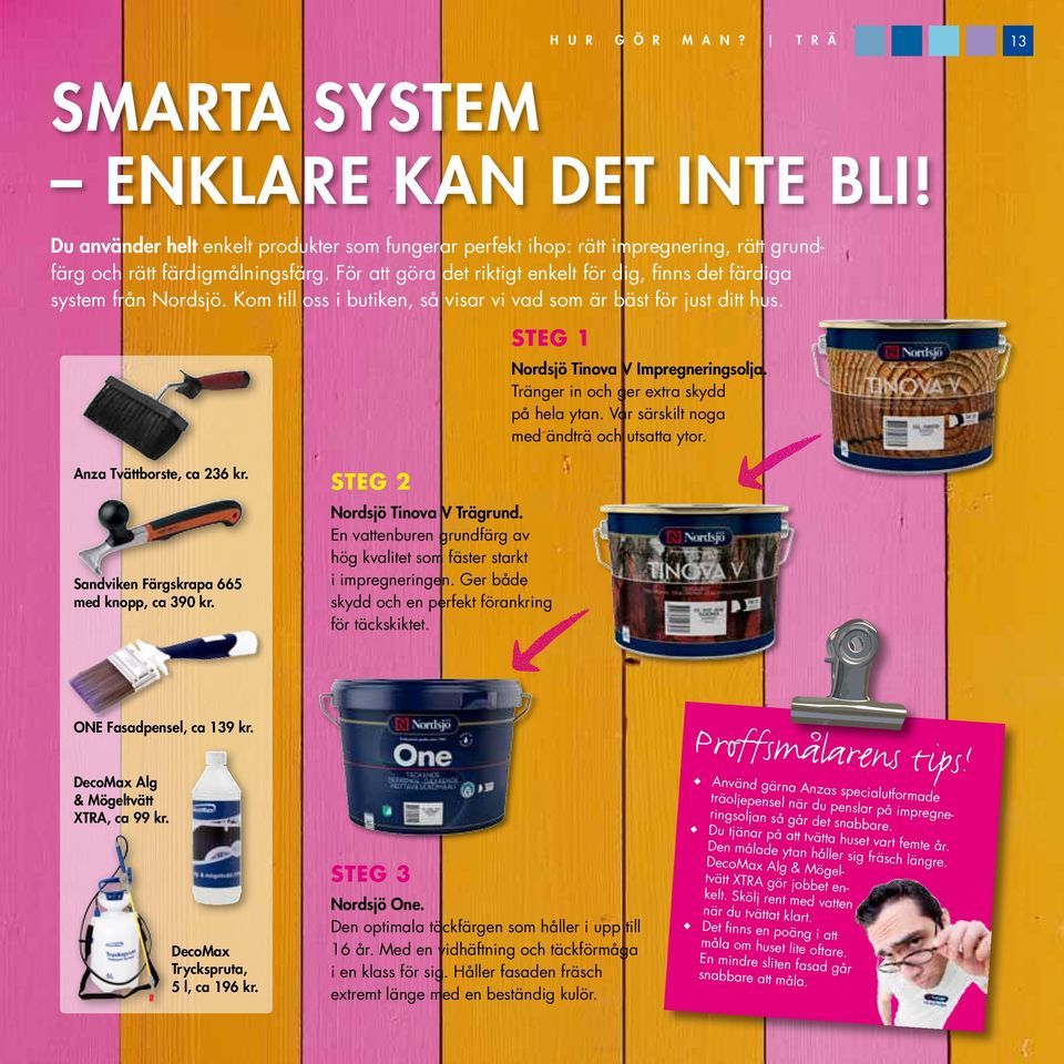 Tränger in och ger extra skydd på hela ytan. Var särskilt noga med ändträ och utsatta ytor. Anza Tvättborste, ca 236 kr. Sandviken Färgskrapa 665 med knopp, ca 390 kr.