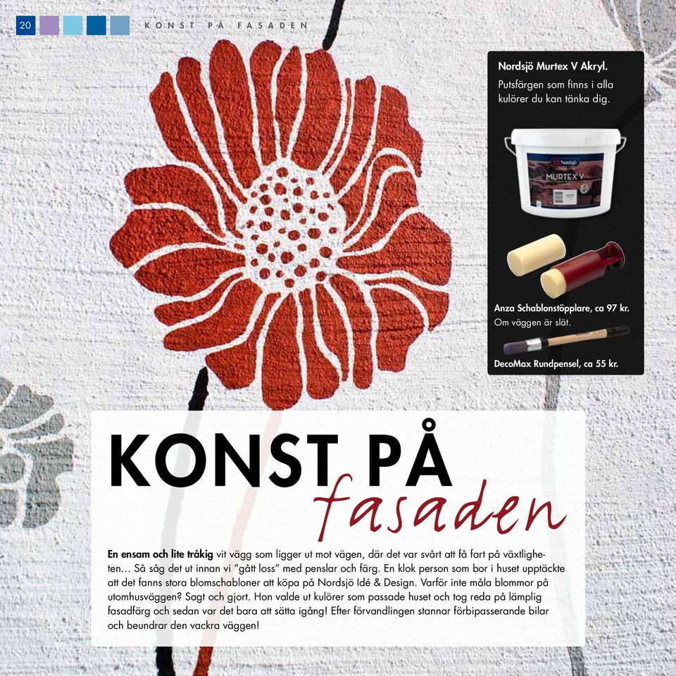 KONST PÅ fasaden En ensam och lite tråkig vit vägg som ligger ut mot vägen, där det var svårt att få fart på växtligheten Så såg det ut innan vi gått loss med penslar och färg.