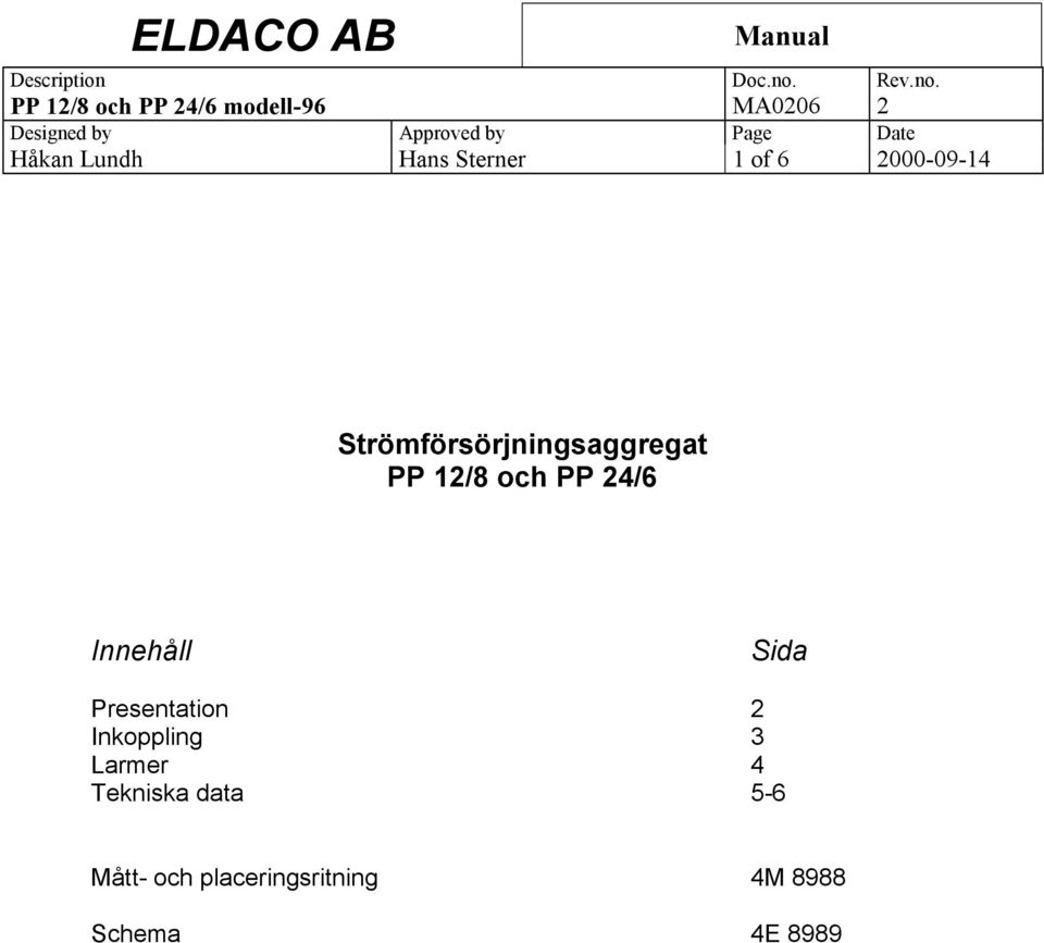 Innehåll Sida Presentation 2 Inkoppling 3 Larmer 4