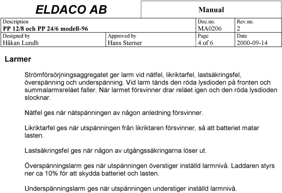 Nätfel ges när nätspänningen av någon anledning försvinner. Likriktarfel ges när utspänningen från likriktaren försvinner, så att batteriet matar lasten.