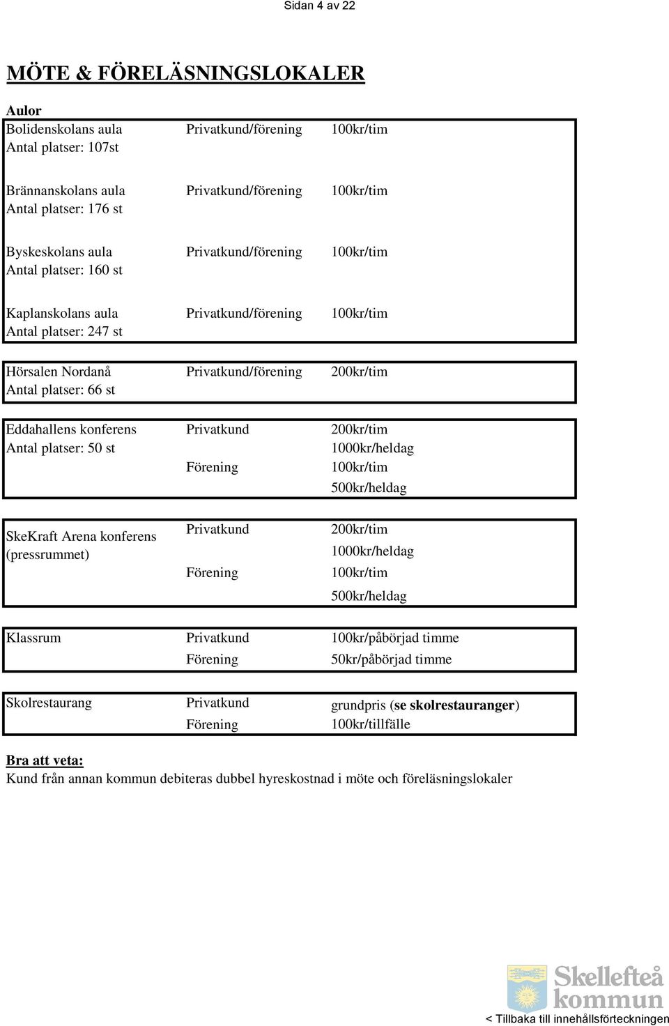 200kr/tim Antal platser: 50 st 1000kr/heldag Förening 100kr/tim 500kr/heldag SkeKraft Arena konferens (pressrummet) Privatkund Förening 200kr/tim 1000kr/heldag 100kr/tim 500kr/heldag Klassrum