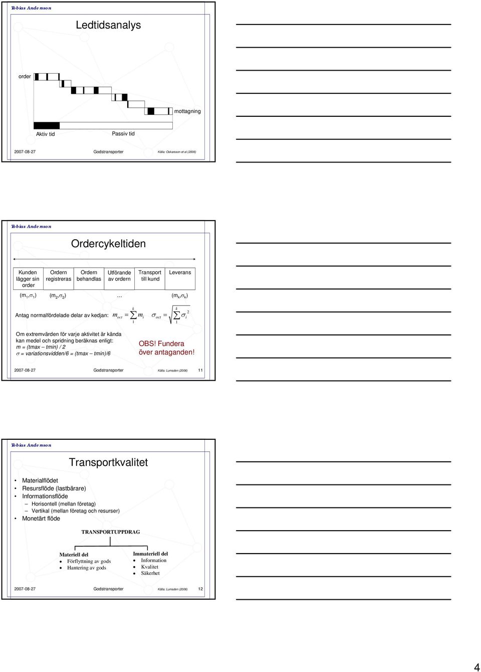 aktivitet är kända kan medel och spridning beräknas enligt: m = (tmax tmin) / 2 σ = variationsvidden/6 = (tmax tmin)/6 OBS! Fundera över antaganden!