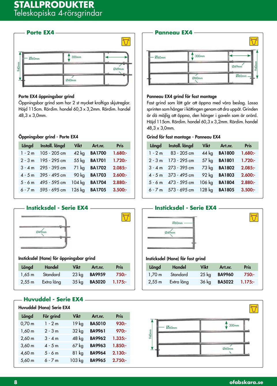680:- 2-3 m 195-295 cm 55 kg BA1701 1.720:- 3-4 m 295-395 cm 71 kg BA1702 2.085:- 4-5 m 395-495 cm 90 kg BA1703 2.600:- 5-6 m 495-595 cm 104 kg BA1704 2.880:- 6-7 m 595-695 cm 126 kg BA1705 3.