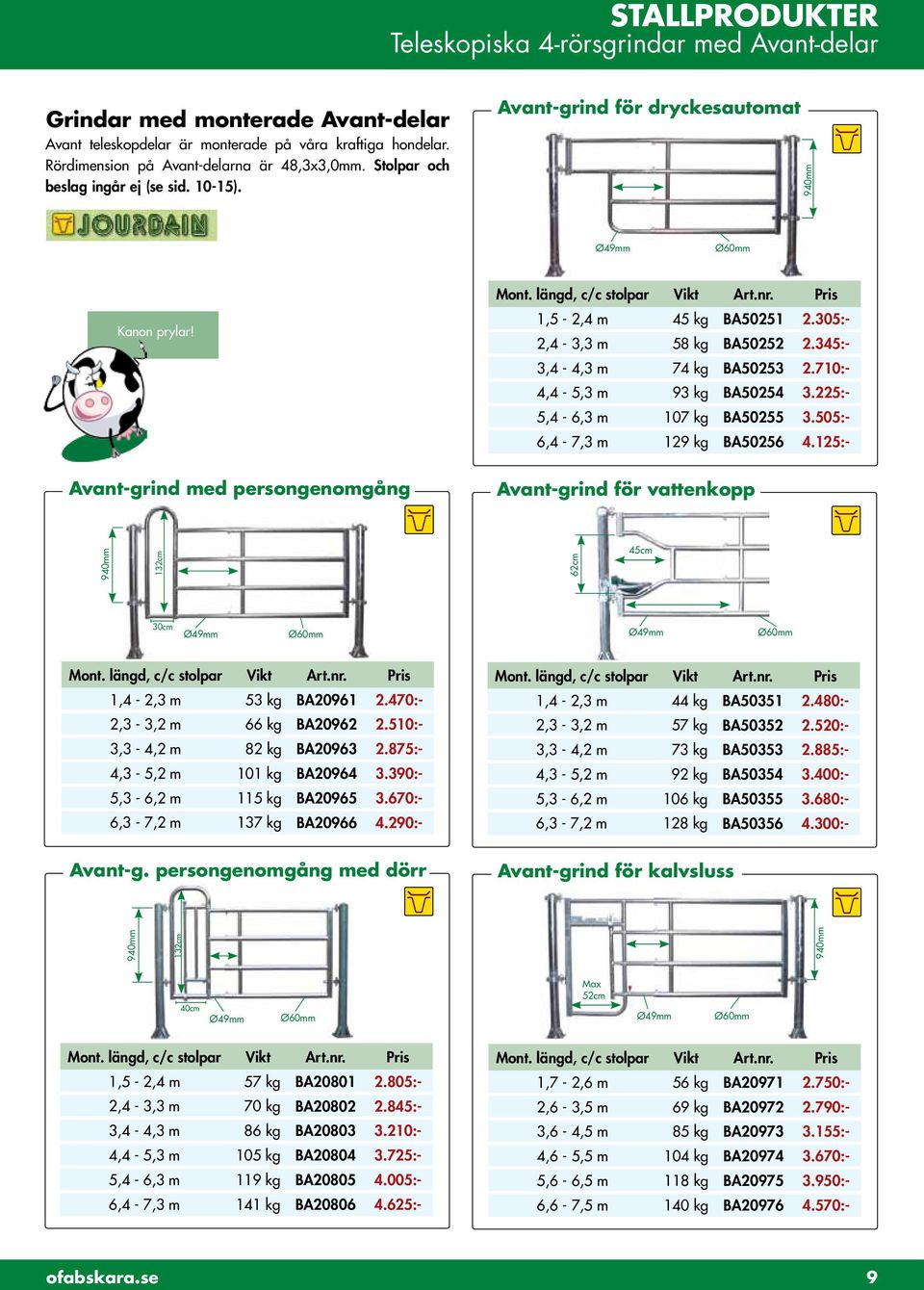 305:- 2,4-3,3 m 58 kg BA50252 2.345:- 3,4-4,3 m 74 kg BA50253 2.710:- 4,4-5,3 m 93 kg BA50254 3.225:- 5,4-6,3 m 107 kg BA50255 3.505:- 6,4-7,3 m 129 kg BA50256 4.