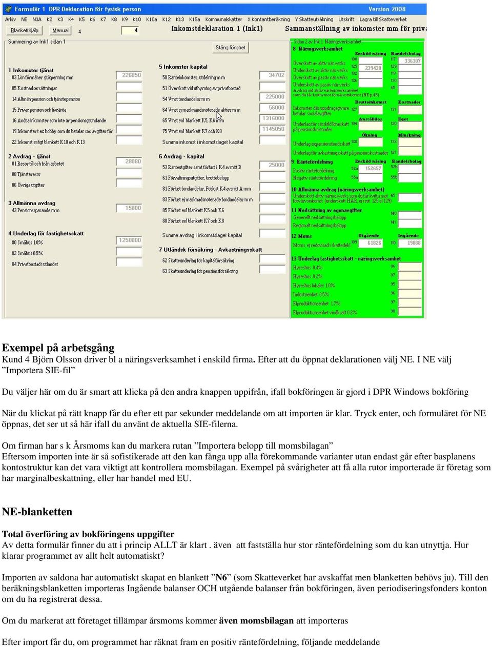 sekunder meddelande om att importen är klar. Tryck enter, och formuläret för NE öppnas, det ser ut så här ifall du använt de aktuella SIE-filerna.