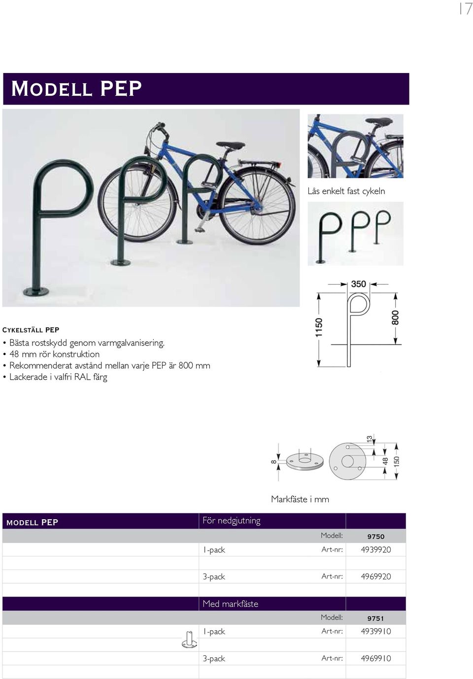 48 mm rör konstruktion Rekommenderat avstånd mellan varje PEP är 800 mm Lackerade i