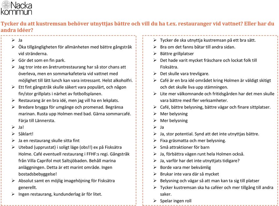 Ett fint gångstråk skulle säkert vara populärt, och någon fin/stor grillplats i närhet av fotbollsplanen. Restaurang är en bra idé, men jag vill ha en lekplats.