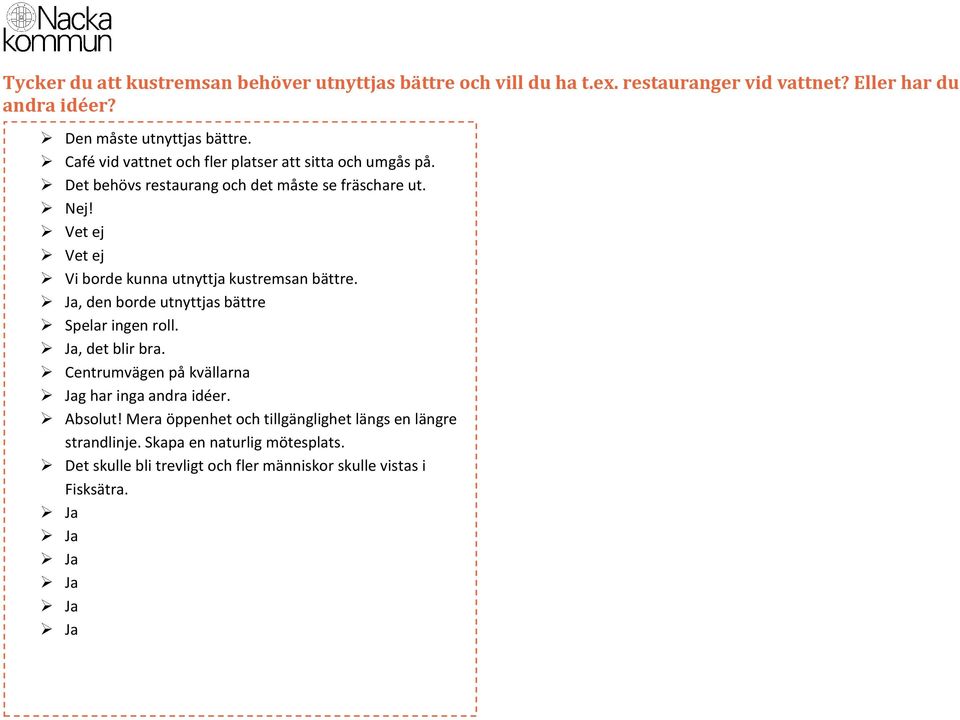 ! Vet ej Vet ej Vi borde kunna utnyttja kustremsan bättre., den borde utnyttjas bättre Spelar ingen roll., det blir bra.