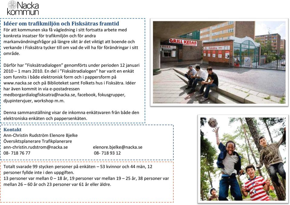 En del i Fisksätradialogen har varit en enkät som funnits i både elektronisk form och i pappersform på www.nacka.se och på Biblioteket samt Folkets hus i Fisksätra.