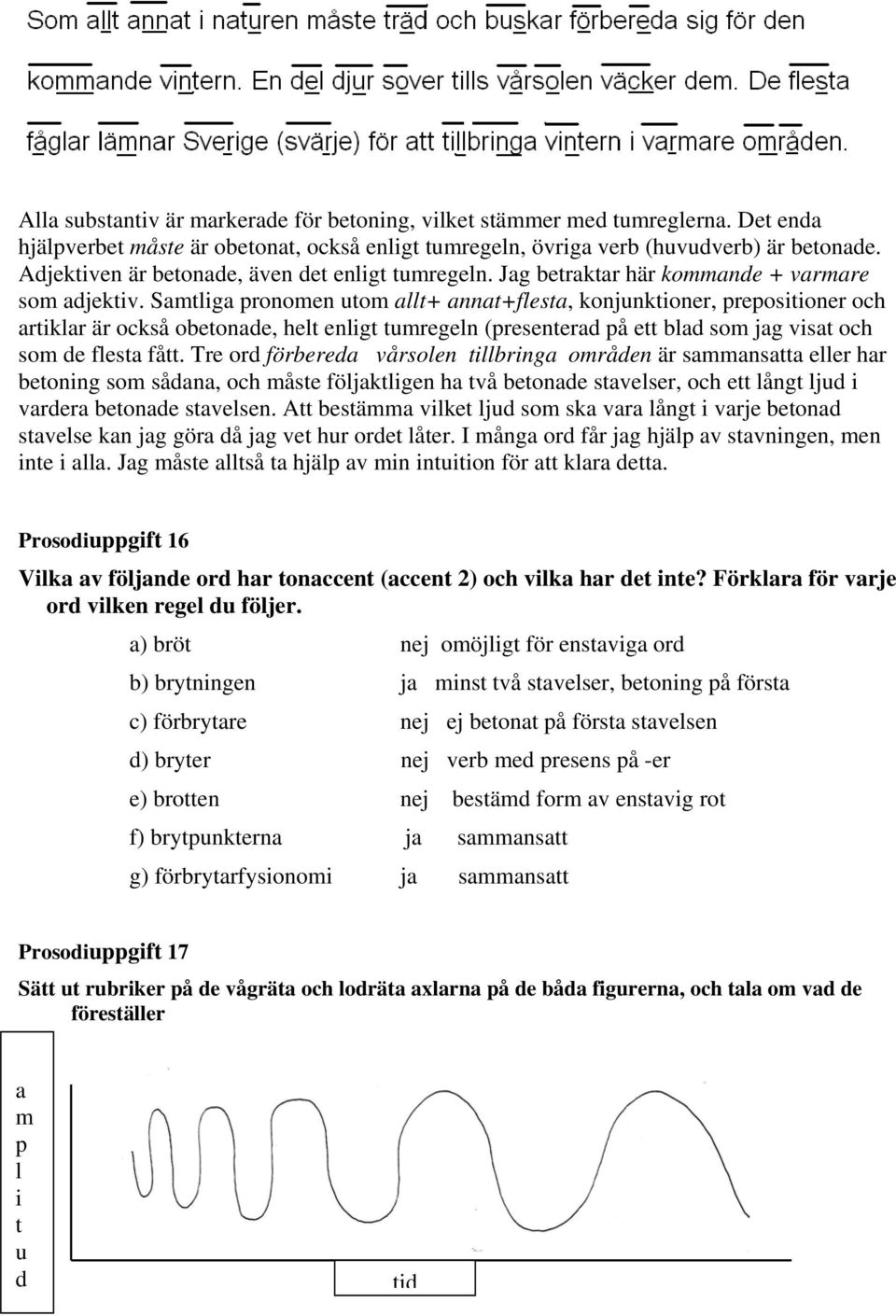 Samtliga pronomen utom allt+ annat+flesta, konjunktioner, prepositioner och artiklar är också obetonade, helt enligt tumregeln (presenterad på ett blad som jag visat och som de flesta fått.