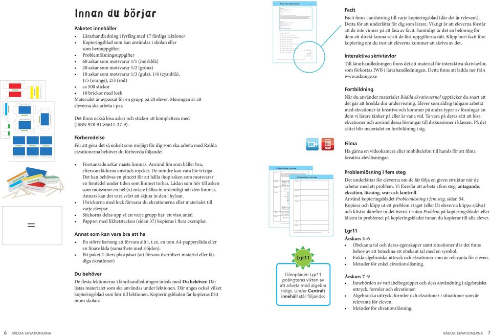Problemlösningsuppgifter 60 askar som motsvarar 1/1 (mörkblå) 20 askar som motsvarar 1/2 (gröna) 10 askar som motsvarar 1/3 (gula), 1/4 (cyanblå), 1/5 (orange), 2/3 (röd) ca 500 stickor 10 brickor