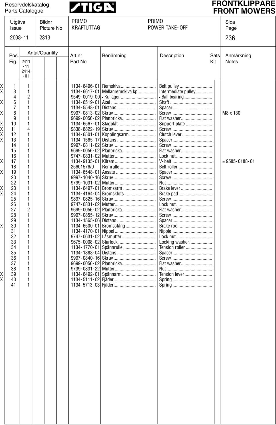 .. 4 2 9549-0019- 00 Kullager... Ball bearing... X 1 4-519- 01 Axel... Shaft... 1 4-5548- 01 Distans... Spacer... X 8 1 999-081- 02 Skruv... Screw... M8 x 10 9 1 999-005- 02 Planbricka... Flat washer.